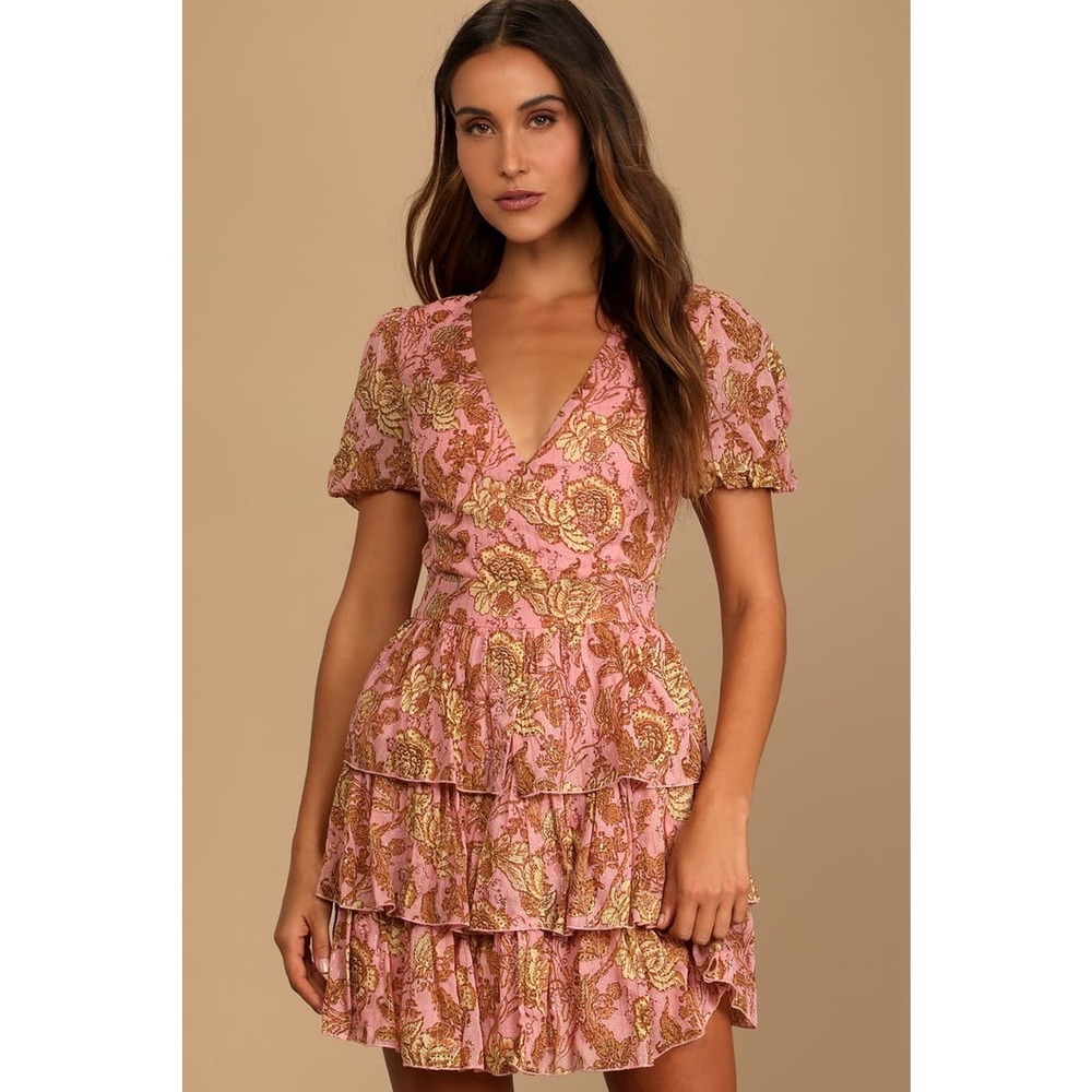 Lulu's Pink and Gold Floral Mini Dress
